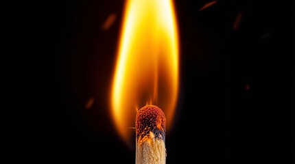 Close-up of burning matchstick with vibrant flame against dark background