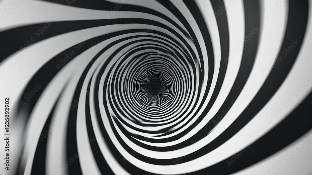 Poster abstract black and white spiral tunnel design creating a sense of motion and depth with converging l
