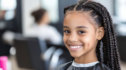 A young girl with beautiful braided hair smiles while seated in a salon, showcasing her happy expression during a hair styling session.