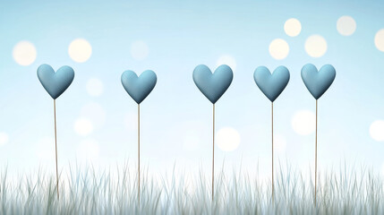 Blue hearts on sticks in grass with soft bokeh background create whimsical and heartfelt scene