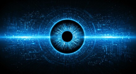 A futuristic digital eye with a glowing blue circuit design, symbolizing artificial intelligence, cybersecurity, surveillance, and advanced technology.