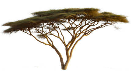 Isolated Acacia Tree Silhouette in Minimalist Landscape with Sunlit Branches and Foliage Texture