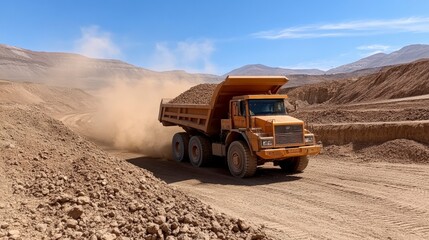 Obraz premium A dump truck carries a load of dirt through a dusty, rugged landscape under a clear blue sky.