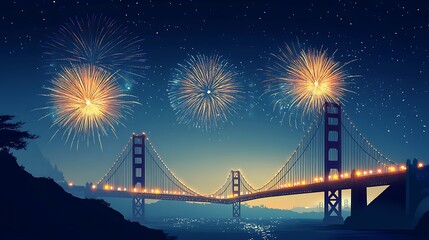 Fireworks over Golden Gate Bridge at night