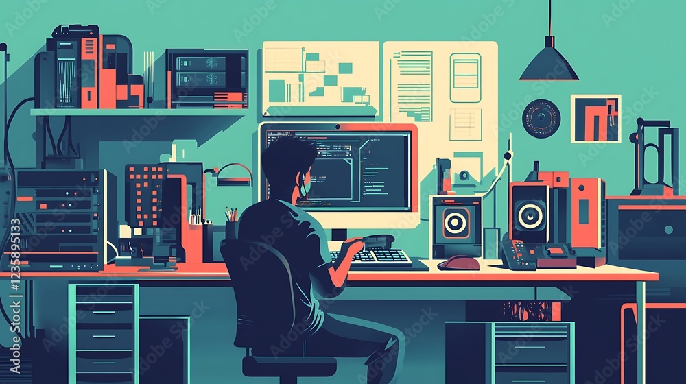 Poster Programmer at cluttered workstation