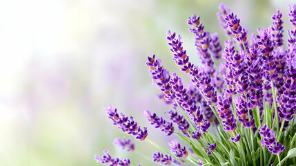 Obraz premium Lavender flowers bouquet, close-up view, blurred background, ideal for relaxation and aromatherapy products