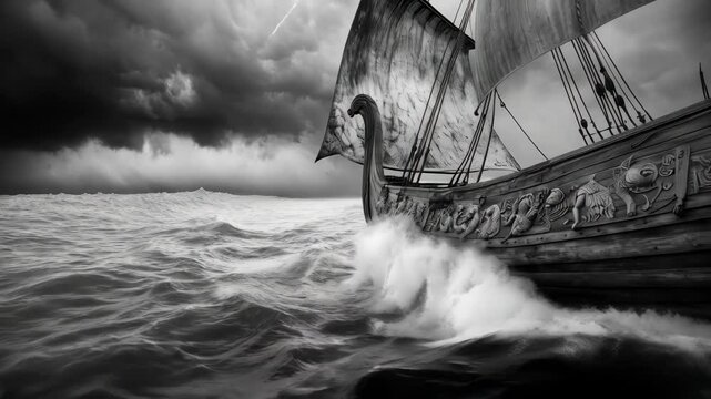 A viking longboat sailing on a stormy sea