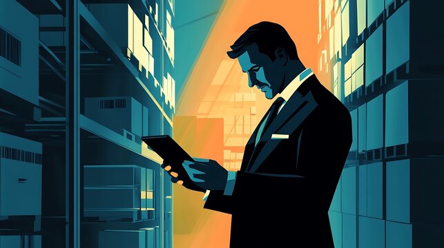 Businessman reviewing inventory in warehouse