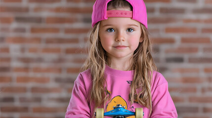 Girl skateboarding, brick wall background, portrait, lifestyle