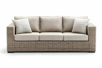 A beige, outdoor three-seater sofa made of rattan, front view with a white background,
