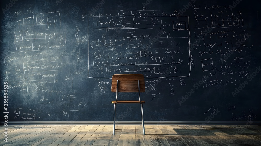 Aufkleber solitary wooden chair placed in an abandoned classroom with a chalkboard filled with complex mathema