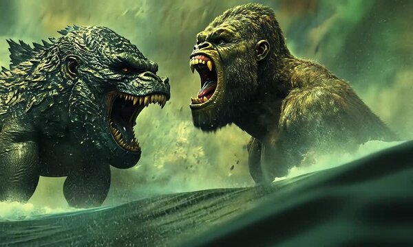 Epic battle between two giant creatures in turbulent waters, showcasing a dramatic clash of titans