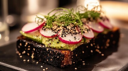 A beautifully plated avocado toast with radishes and sesame seeds, without added salt.