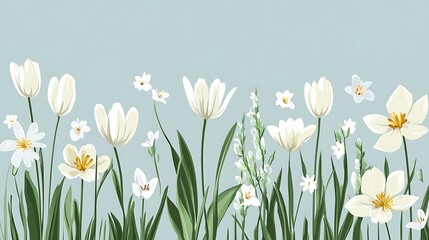 Fototapeta premium Floral border, white tulips and wildflowers, light blue background, design element, print, wallpaper