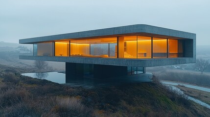 Modern concrete house on hilltop, evening light, misty landscape, architectural design