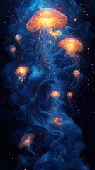 Naklejka premium Bioluminescent jellyfish dance underwater galaxy digital ethereal wide view