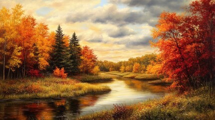 Obraz premium A serene autumn landscape with colorful trees reflecting in a calm river under a cloudy sky.