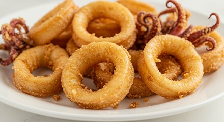 Crispy Fried Calamari Rings and Tentacles on White Plate Seafood Appetizer