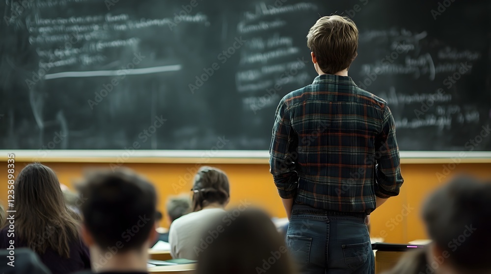 Poster Student standing in front of a chalkboard in a classroom setting surrounded by other students representing the concepts of education learning academic achievement and future potential