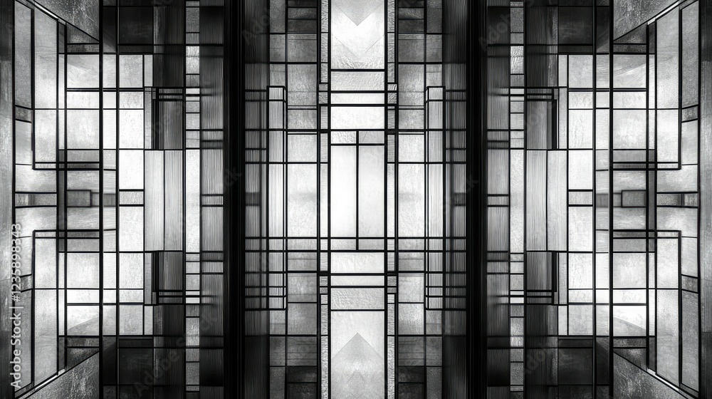 Poster abstract geometric design featuring intricate black and white patterns with layered textures, creati
