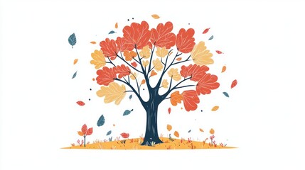 Fototapeta premium Autumn tree, leaves falling, white background, fall design