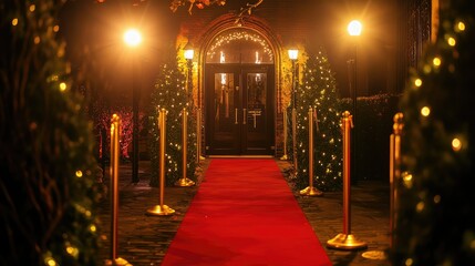 Elegant entrance with a red carpet and festive lights, creating a luxurious atmosphere for a special event or celebration during nighttime illumination