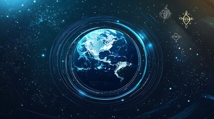 A vector illustration with dark blue hues, Earth surrounded by digital technological rings and satellites, with a moving effect and soft religious symbols in the background.