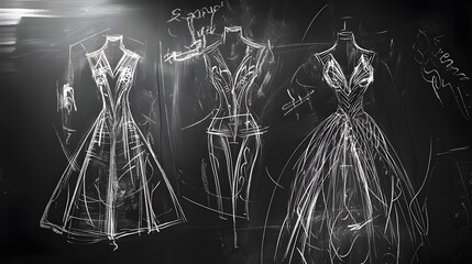 Striking monochrome fashion sketches depicting conceptual dress designs and silhouettes highlighting the and architectural qualities of high end couture  The showcase a futuristic