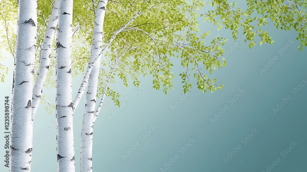 Poster birch trees with fresh spring leaves, light teal background. potential use nature background