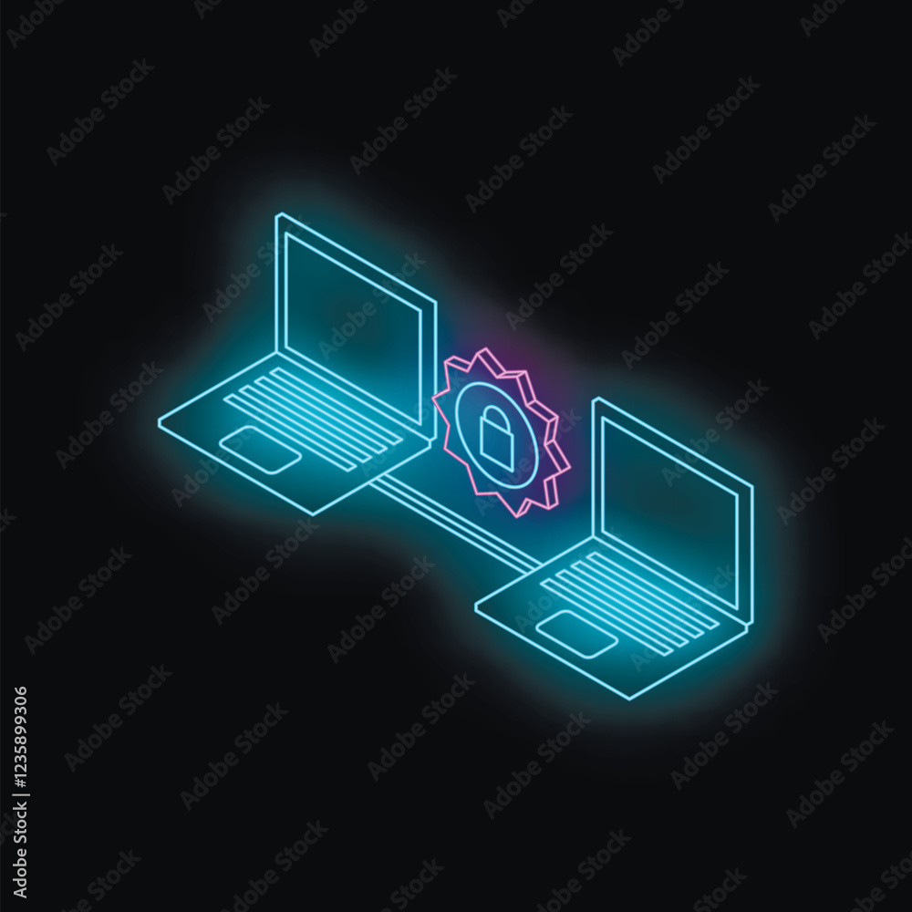 Poster neon isometric laptops sharing data through a secure connection symbolized by a padlock in a futuris