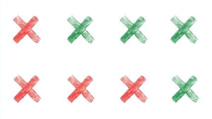 Obraz premium Colorful Cross Symbols in Red and Green Rendered in Watercolor Style, Ideal for Success and Failure Concepts, Check Marks, or Decorative Elements in Design Projects