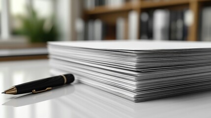 A close-up view of a neatly stacked pile of blank papers beside a pen on a reflective table in an office