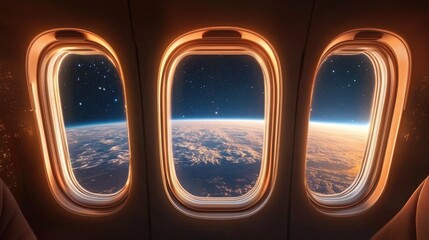 Bright spaceship interior with a view through a dark window. 