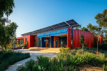Fototapeta premium Sustainable red building solar panels landscaped grounds