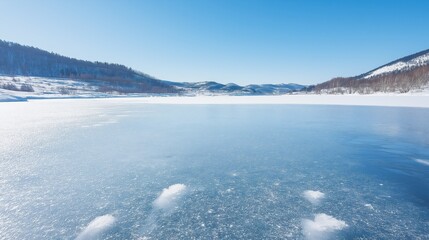 Fototapeta premium Frozen Lake Winter Landscape Serene Snow Covered Hills and Clear Blue Sky