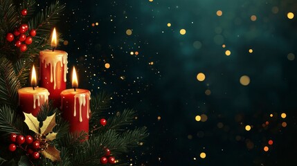 Burning Christmas Candles with Evergreen Branches