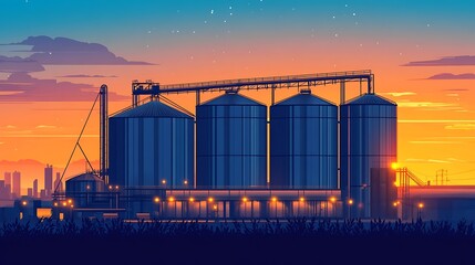 Obraz premium Grain silos at sunset over city. Industrial landscape. Stock photo