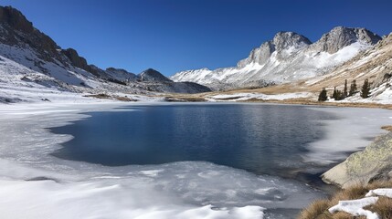Partially Frozen Alpine Lake with Snow Capped Mountains Under a Clear Blue Sky