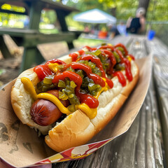 A hot dog with ketchup, mustard, and relish, served in a soft bun, set against a picnic table, casual and classic