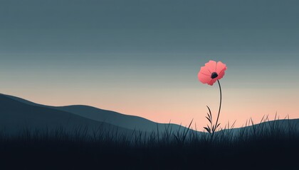 Solitary Poppy Flower Against Sunset Mountains