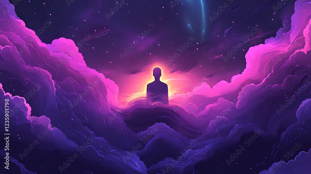 Poster silhouette figure on luminous clouds in starry night sky. possible use digital art print