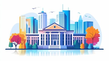 Fototapeta premium Urban autumn scene, grand building, city skyline.