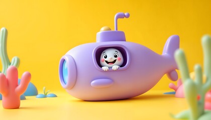 Cute Bunny in Purple Submarine 3d Render Ocean Scene