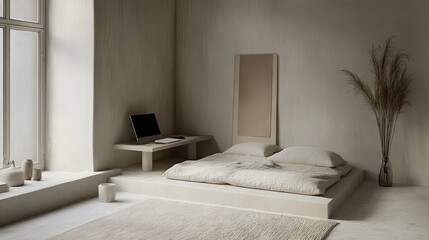 A creative hidden workspace inside a minimalist apartment with soft, natural tones.