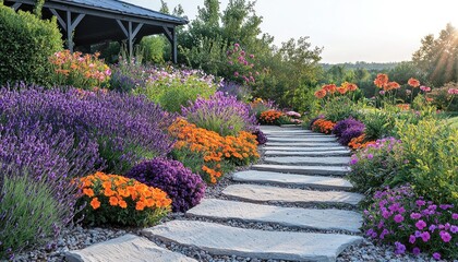 Obraz premium Stone path through vibrant summer garden with gazebo at sunrise