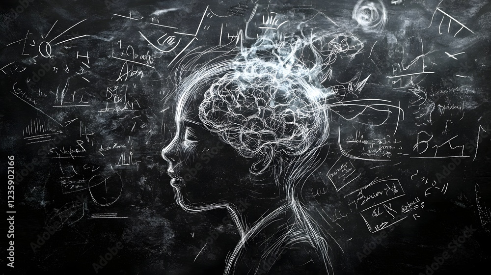 Fototapete Surreal monochrome chalkboard scene with swirling ethereal brainwaves and mathematical equations formulas and diagrams symbolizing the complex interconnected cognitive processes of the human mind