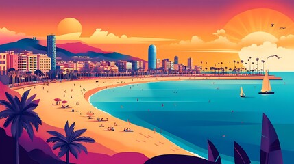 Obraz premium Colorful Barcelona Beach Sunset Illustration