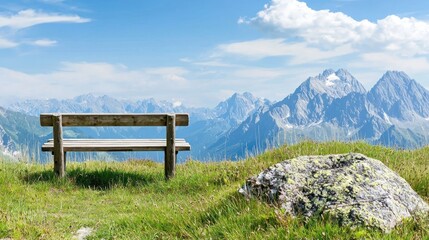 Wooden Bench Overlooking Majestic Alpine Mountain Range