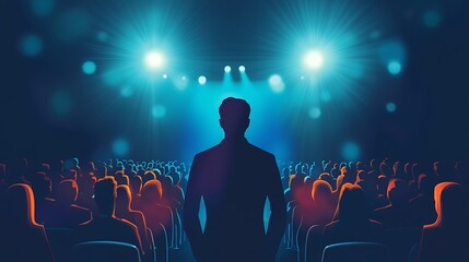 Silhouette Speaker Addressing Large Audience in Event Hall