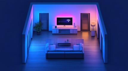 Fototapeta premium A modern living room illuminated with vibrant blue and pink lights, featuring a large TV, sleek furniture, and a plant, creating a cozy atmosphere.